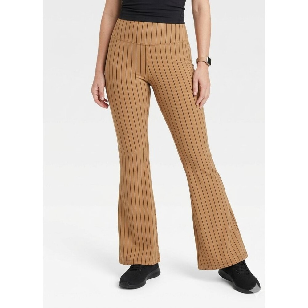 JoyLab Pinstripe High Rise Flare Leggings Brown Camel Large EUC Yoga Pants